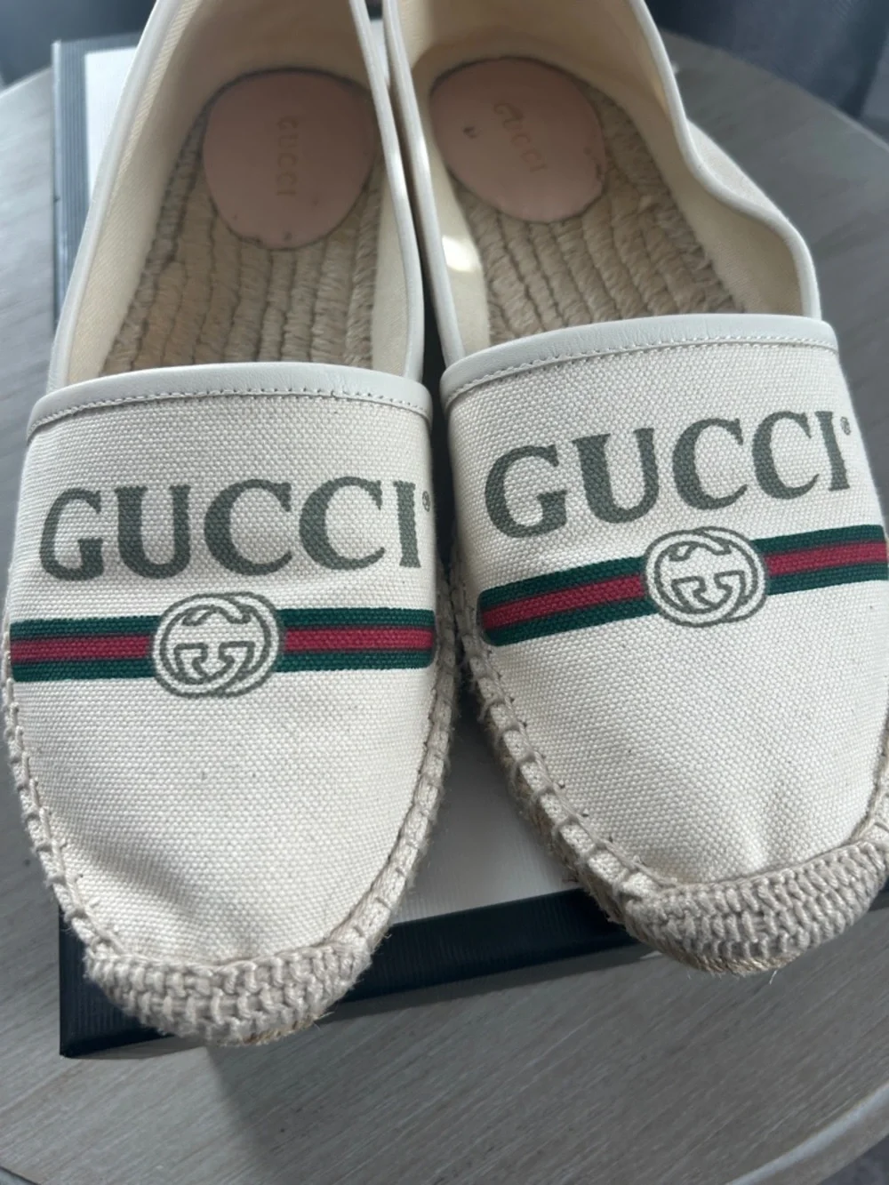 Gucci Cream Canvas Espadrilles with Green and Red Web - Picture 2 of 8